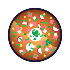 Okroshka on kvas - cold russian soup with greens, radishes, potato, eggs and ham. Isolated vector illustration on white background. Traditional russian cuisine. Authentic russian food dishes