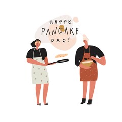 Stylized girls make pancakes. Hand drawn people and text: happy pancake day. Vector template for postcard card sticker page design