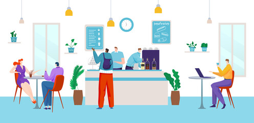 People in cafe, young guy makes order, woman at table drinks coffee, customer service, cartoon style vector illustration. Modern shop interior, trendy lifestyle, various drinks, man working at laptop.