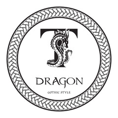 Dragon silhouette inside capital letter T. Elegant Gothic Dragon Logo with tattoo element. Heraldic symbol beast ancient mythology for logotype, emblem, monogram, icon, business card, brand name.