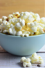 Closeup, popcorn in a bowl. Copy space.