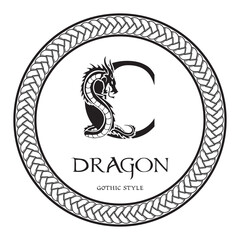 Dragon silhouette inside capital letter C. Elegant Gothic Dragon Logo with tattoo element. Heraldic symbol beast ancient mythology for logotype, emblem, monogram, icon, business card, brand name.