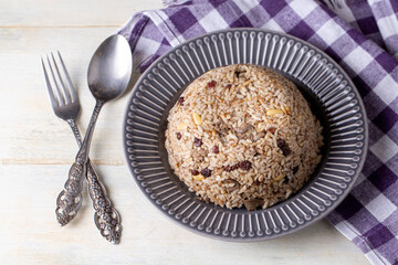 Traditional delicious Turkish food; rice pilaf with pine nuts and currants (Turkish name; ic pilav or pilaf)