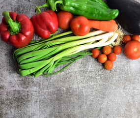 Zenith view, on a stone background, healthy products from the garden and agriculture. Copy space.