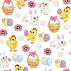 Seamless vector pattern lambs, bunnies and big easter egg