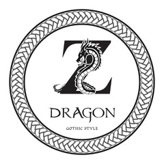 Dragon silhouette inside capital letter Z. Elegant Gothic Dragon Logo with tattoo element. Heraldic symbol beast ancient mythology for logotype, emblem, monogram, icon, business card, brand name.