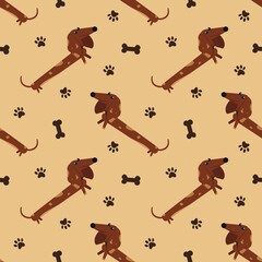Seamless pattern with dachshund, footprint and bone. Design for paper, textiles and decor.