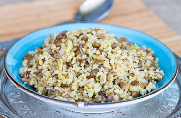 Traditional Delicious Turkish foods; green lentil with bulgur (mercimekli bulgur pilavi)