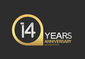 14 years anniversary celebration simple design with golden circle and silver color combination can be use for greeting card, invitation and special celebration event