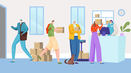 People deliver mail to office, parcel courier delivery business, customer service, design cartoon style vector illustration. Person accepts goods and pays postage, postman carries cardboard box.