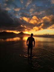 Silhouette of a man in Cofete beach, Fuerteventura, Canary island, Spain.
