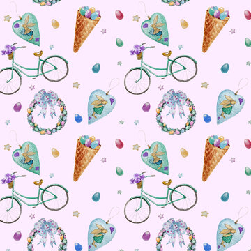 Watercolor spring illustration of cute Easter eggs, ice cream, wreath, bicycle and hearts. Egg Cartoon Animal Seamless Pink Pattern