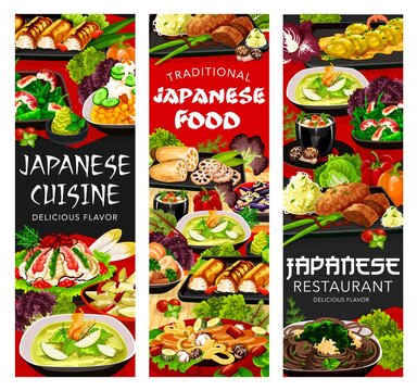 Japanese cuisine food menu, Japan dishes meals, Asian restaurant vector banners. Japanese gourmet cuisine traditional food menu of udon noodles with chicken, shrimp seafood and wakame seaweed