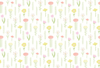 Flower meadow floral pastel seamless pattern on a white background. Hand drawn vector illustration. Scandinavian style design. Concept for kids textile, fashion print, wallpaper, packaging.