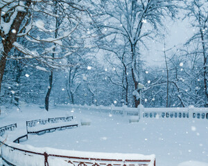 Winter landscape with an embankment or an alley with a parapet in the snow.
