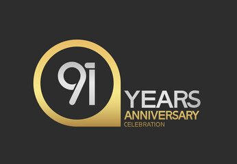 91 years anniversary celebration simple design with golden circle and silver color combination can be use for greeting card, invitation and special celebration event