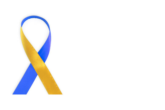 World Down Syndrome Day symbol. Yellow and blue ribbon on white background. 21 March