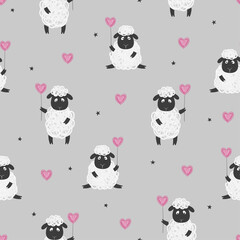 Seamless pattern with cute sheep and hearts. Baby print.