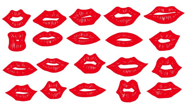 Air kiss. 4K set of red lips. Romantic background with lips of different shapes. 2D doodle animation with alpha channel. Advertising of cosmetics, wedding video, expression of feelings.