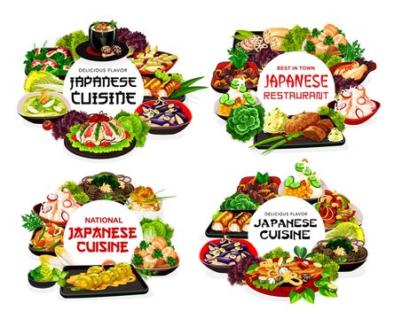 Japanese cuisine menu, food dishes and Japan meals, vector traditional Asian restaurant. Japanese cuisine udon noodles, rice and seafood, chicken and pork chops, eel fish, soups and vegetable salads