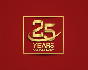 25 years anniversary with square and swoosh golden color isolated on red background can be use for special celebration moment