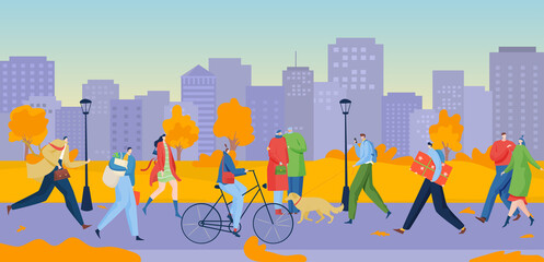 People walking, direction in downtown, successful city business, bright autumn street, design cartoon style vector illustration. Walking pedestrian, businessman rushing to work, walking men and women.