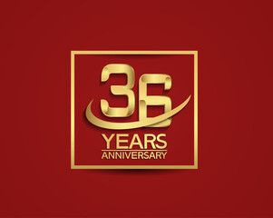 36 years anniversary with square and swoosh golden color isolated on red background can be use for special celebration moment