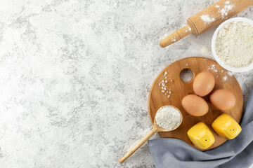 Set of kitchen utensils with products on white background. Cooking master classes. Copy space.