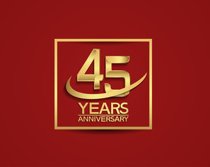 45 years anniversary with square and swoosh golden color isolated on red background can be use for special celebration moment