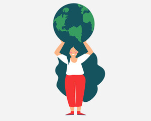 Young woman character embraces and holds the green planet. Flat  girl cares the earth. Illustration of Earth day and energy saving planet card. Nature and environment protection concept. Vector style.