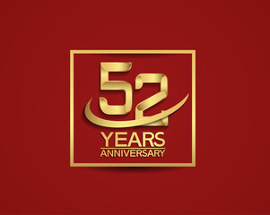 52 years anniversary with square and swoosh golden color isolated on red background can be use for special celebration moment