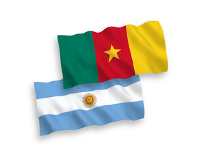 National vector fabric wave flags of Cameroon and Argentina isolated on white background. 1 to 2 proportion.