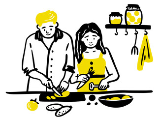 Couple cooks together in the kitchen. Vector illustration doodles, thin line art sketch style concept