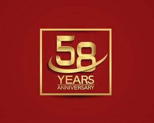 58 years anniversary with square and swoosh golden color isolated on red background can be use for special celebration moment