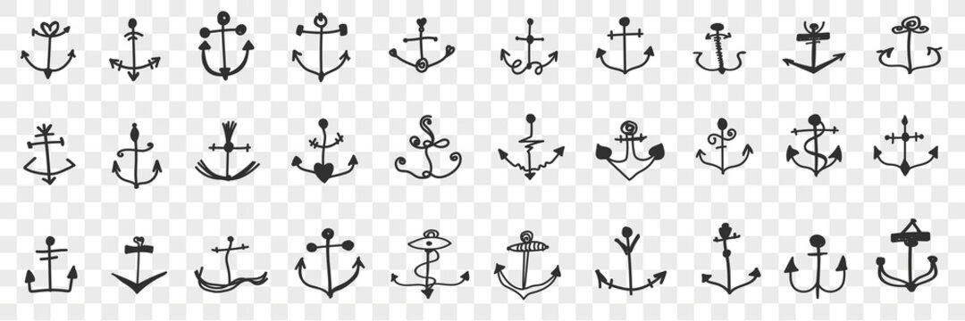 Anchors for ships doodle set. Collection of hand drawn various anchors of different shapes and styles for board ships and nautical marine water vehicles isolated on transparent background