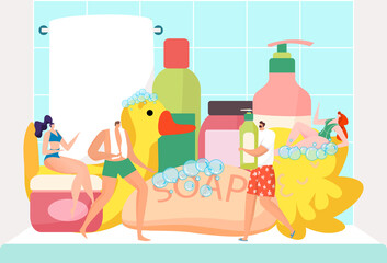 Tiny people, bath concept with accessories, hair shampoo, scented soap, invigorating shower, design flat style vector illustration. Daily hygiene, bathroom, men and women take water treatments.