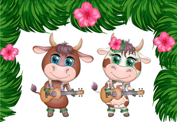 Cute cartoon bull, cow with beautiful eyes, Hawaiian hula dancer character with ukulele guitar among leaves, flowers. Chinese new year cute bull mascot