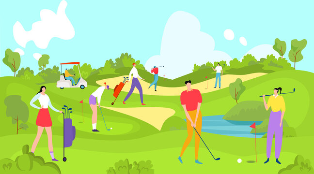 People play golf, young golfer, interesting active sport, men s club, fashionable lifestyle, cartoon style vector illustration. Useful leisure, field with green lawn grass, men and women play golf.