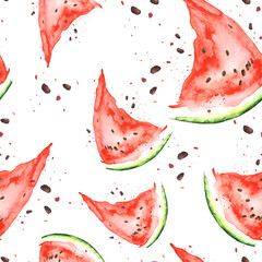 Watercolor seamless vintage pattern with red watermelon pattern. Slices, watermelon fruit. The colors red and green. Watercolor fruit seamless pattern.watermelon seeds, spray, watermelon juice