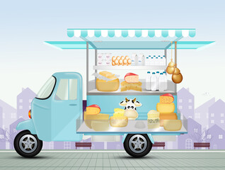 funny illustration of street pickup truck selling cheeses