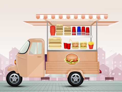 funny illustration of street pickup truck selling burger