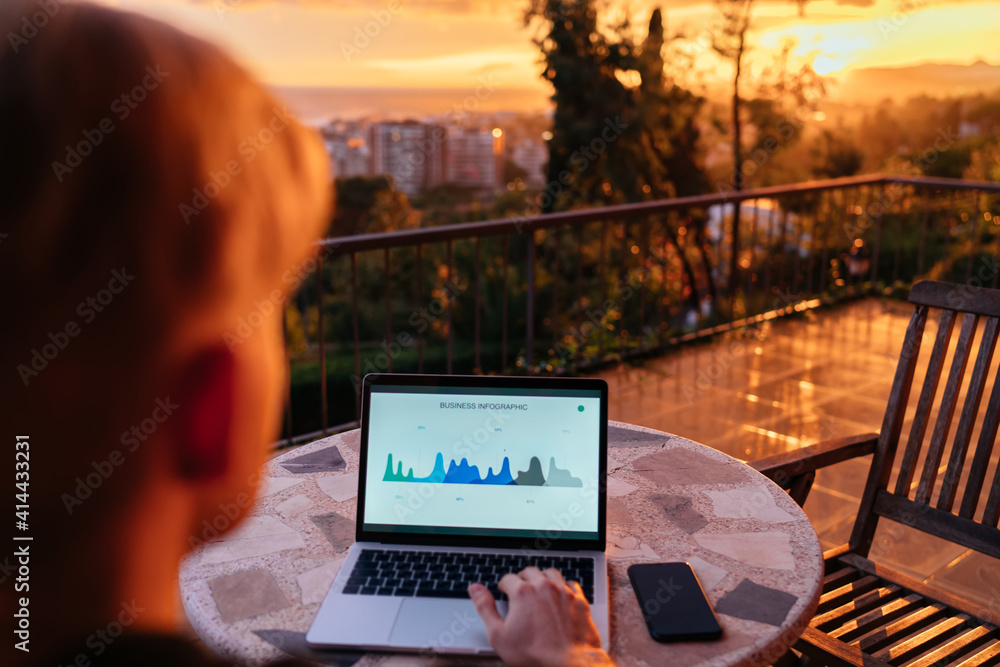 Aufkleber cropped image of male digital nomad working remotely with web statistics analyzing informative graph
