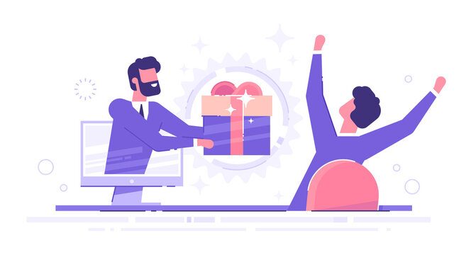 Handsome businessman holds out a big gift box from a monitor to a happy man. Special offer or loyalty program concept. modern vector illustration.