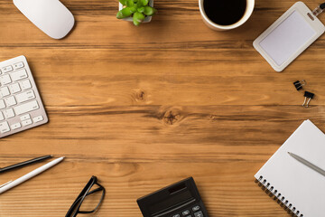 Above overhead flat lay view photo of office items objects with computer mouse mug with coffee...