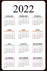 Calendar 2022 yearly. Week starts on Sunday. Vector illustration.