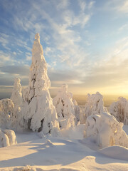Winter scene in sunshine. Snowy nature. Vibrant landscape of frosty winter. . Warm light in the evening at sunset.