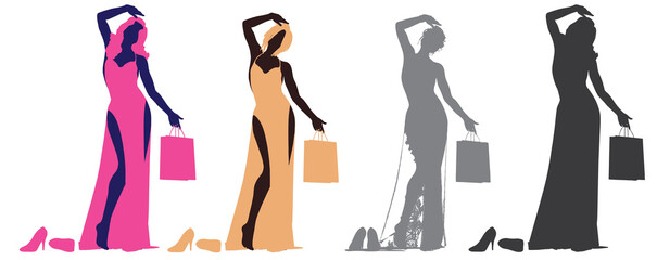 Set of vector silhouettes of young woman with shopping for fashion clothes and accessories