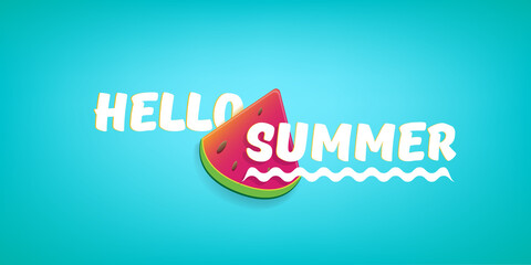 Vector Hello Summer Beach Party horizontal banner Design template with fresh watermelon slice isolated on azure background. Hello summer concept label or poster with fruit and typographic text.