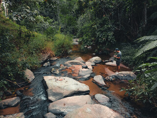A stream and rocks in a tropical natural forest