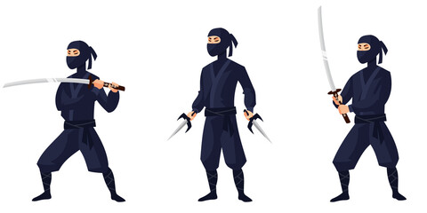 Ninja in different poses. Japan character in cartoon style.